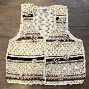Vintage Teddi Cream and Brown Crochet Vest with Floral Details